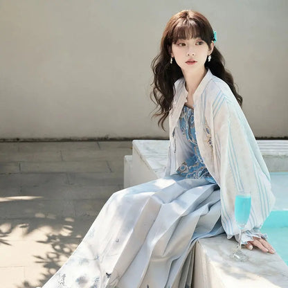 [Sea, Moon and Wind] Spring Shirt Printing Suspender National Style Set modern HanFuDreams Sea Moon and Wind + Seven Steps to Find Poetry Three-piece Set XS