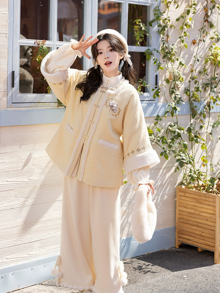 Chi Xia [Mianmian Yellow] Square Neck Half-Sleeve Short Jacket Shorts Song Pants song HanFuDreams