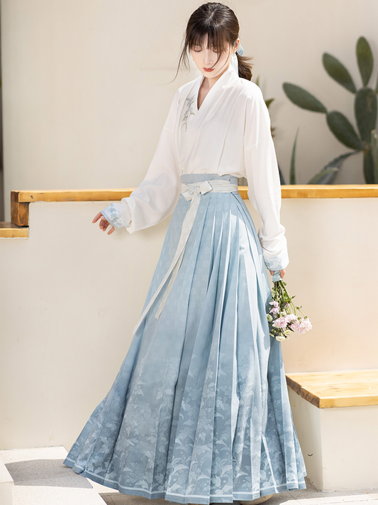 Chemise courte en coton à manches courtes et jupe à tête de cheval Hanfu