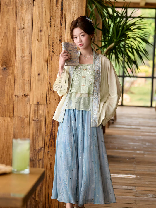 More than thirteen [Clear Light] Modern Blue Hanfu 3-Piece Set modern HanFuDreams