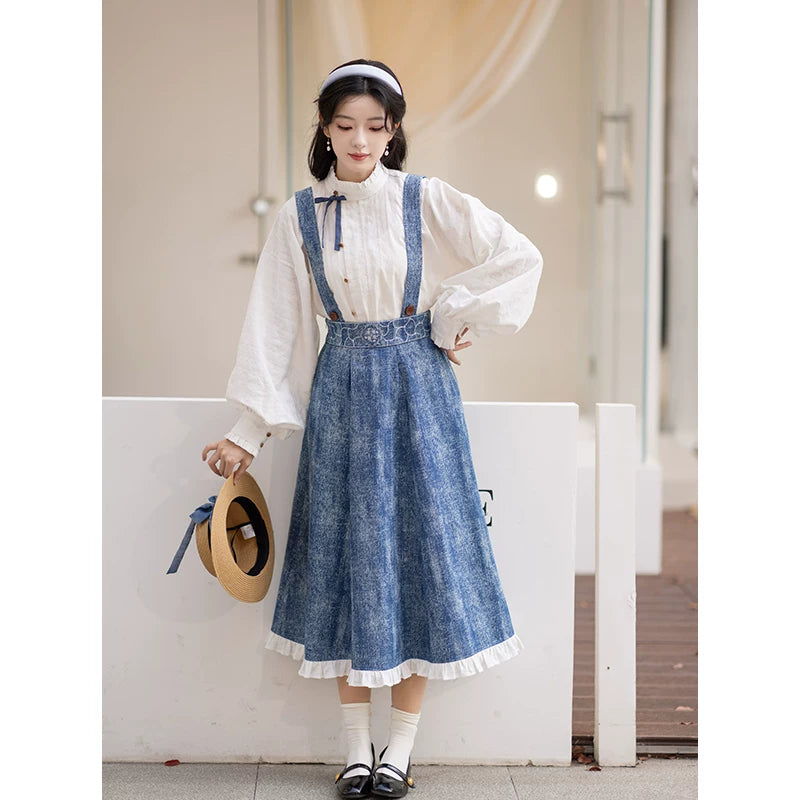 Chi Xia [Forest Blue Language] Han Element Stand-up Neck Short Shirt Strap Skirt han HanFuDreams Forest Blue Language Two-piece Set S