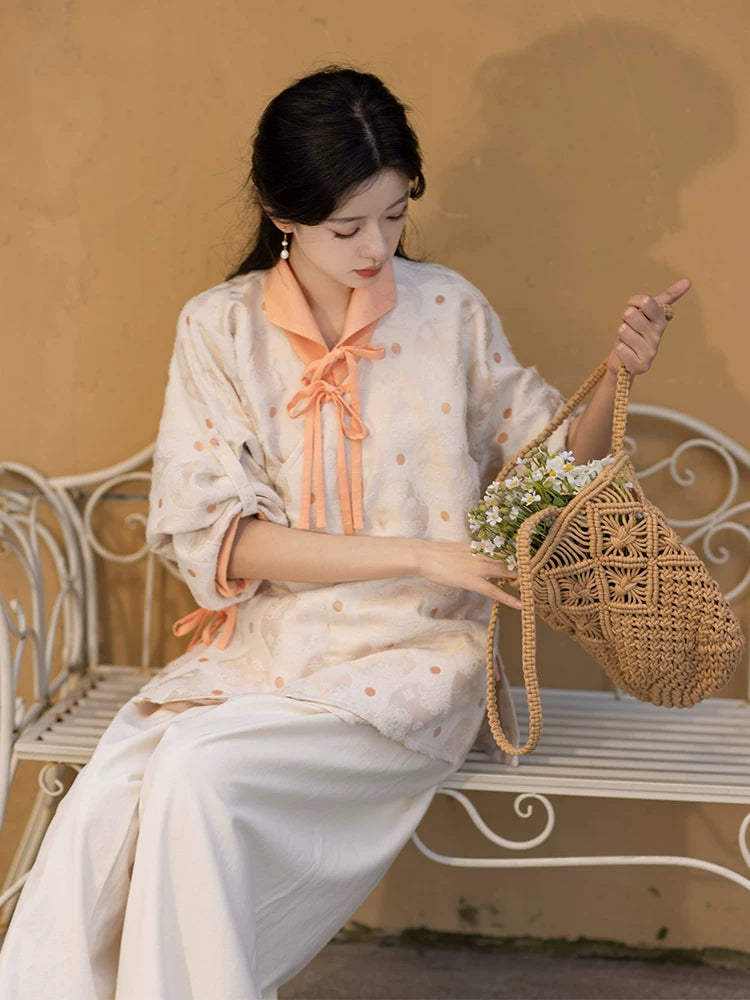 Chi Xia [Taoxi Room] Ming-made lapel shirt Tencel straight waist pants ming HanFuDreams