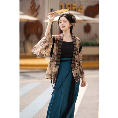 Jinshang Tenci curved collar shirt & broken skirt original Hanfu jin HanFuDreams Three-piece set (upper < unk > + ramie suspender + blue eight-broken skirt) S