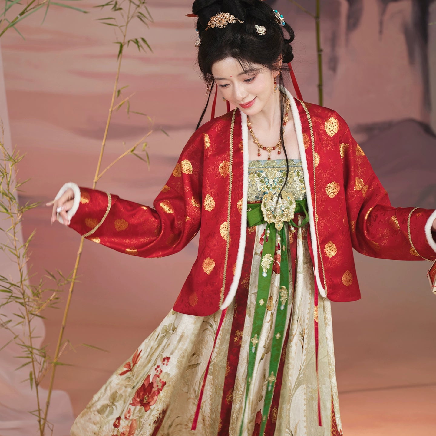 Thirteen more [Yujing Hibiscus] woven gold placket jacket chest suspender skirt Tang system tang HanFuDreams two-piece set S