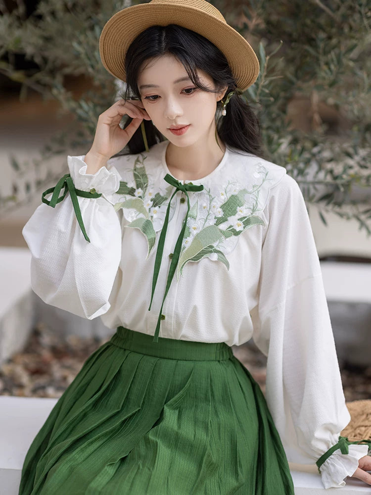Chi Xia [Qinglu Lily of the Valley] Crew Neck Short Shirt Pleated Skirt han HanFuDreams