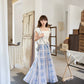 Bishanghua Denim Hanfu Set—Long Bijia Vest & Printed Chiffon Skirt modern Shisanyu