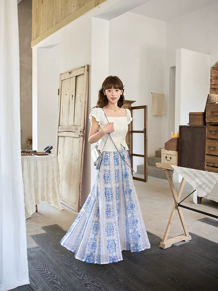 Bishanghua Denim Hanfu Set—Long Bijia Vest & Printed Chiffon Skirt modern Shisanyu