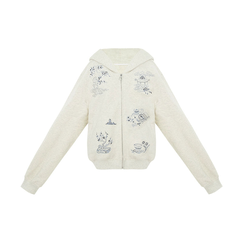 More than thirteen [Wangchuan Yi] embroidered zipper jacket black hooded sweater modern HanFuDreams Sweater (grey) S