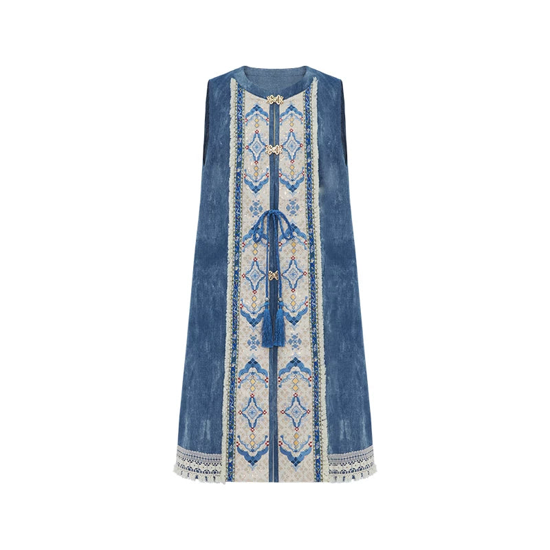 Bishanghua Denim Hanfu Set—Long Bijia Vest & Printed Chiffon Skirt modern Shisanyu Bijia/Vest S