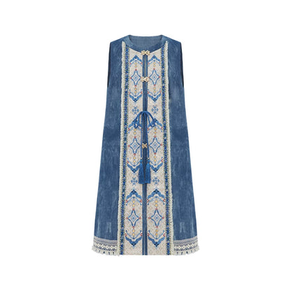 Bishanghua Denim Hanfu Set—Long Bijia Vest & Printed Chiffon Skirt modern Shisanyu Bijia/Vest S