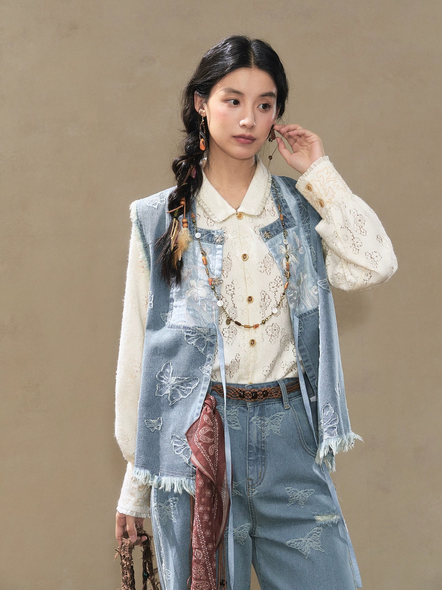 July Eve [Huayang] Lace White Shirt Jacquard Denim Vest Ripped Jeans modern HanFuDreams