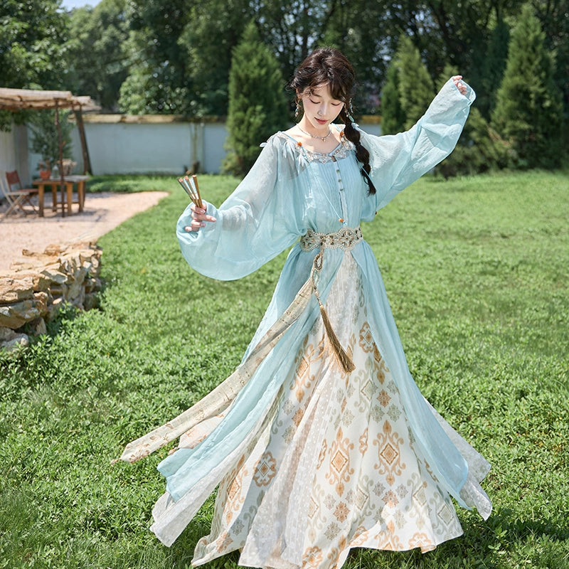 More Than Thirteen [Qingping wind] summer round neck printed lower skirt modern HanFuDreams three-piece set S