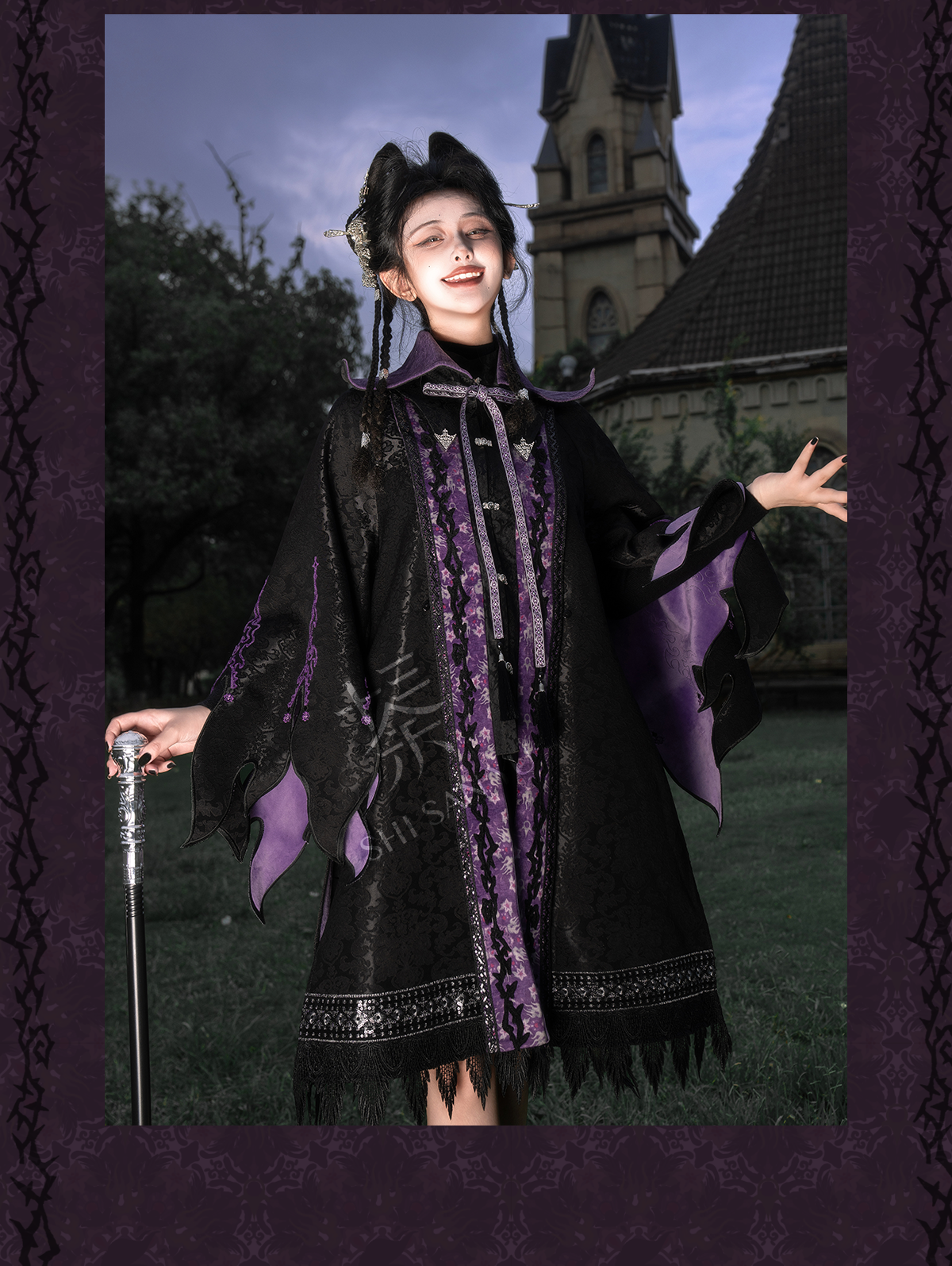 More than thirteen [Sleeping Thorns] black and purple jacquard fake two cloaks modern HanFuDreams