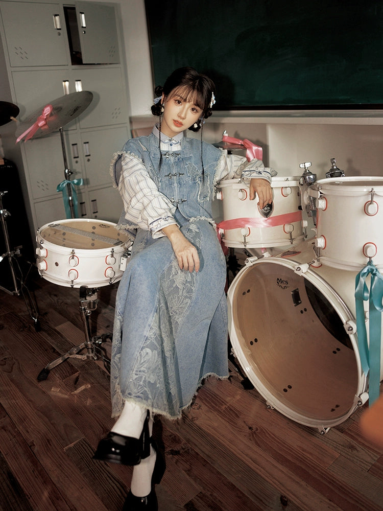 More than thirteen [brocade blue] vest cardigan three-pleat skirt set modern HanFuDreams