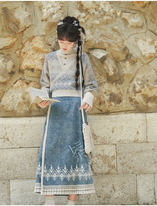 More than thirteen [autumn river snow] 2025 autumn new pullover jacquard sweater denim skirt modern HanFuDreams