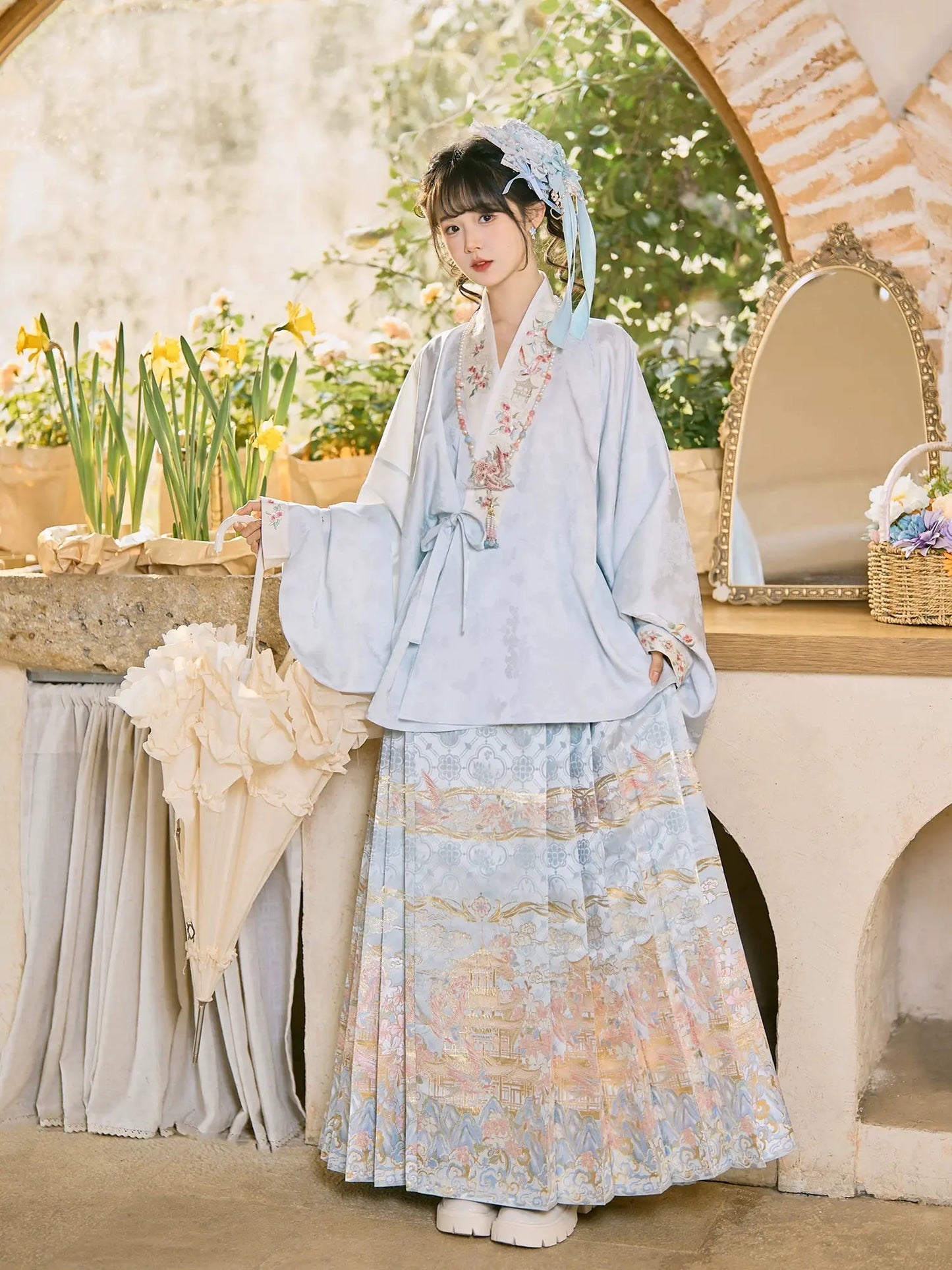 Flower Fairy Story [Yan Yunting] Pipa Sleeve Crossneck Shirt Blue Horse Skirt Set Ming ming HanFuDreams