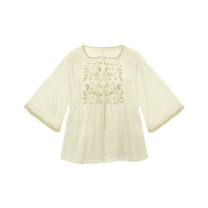 [Cool Moon] Modern Hanfu 2-Piece Set modern Shisanyu Sweetheart Neck Blouse(Beige) S