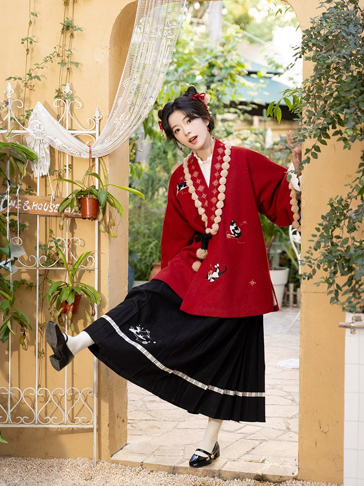 Chi Xia [Lucky Enter Meow] Fleece Short Jacket Horse Face Skirt Ming HanFuDreams