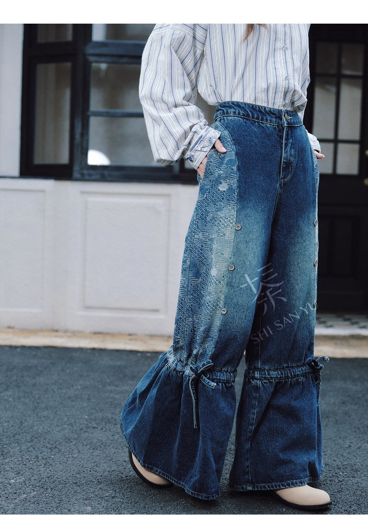 More than thirteen [painting core] three-dimensional jacquard loose retro improved jeans