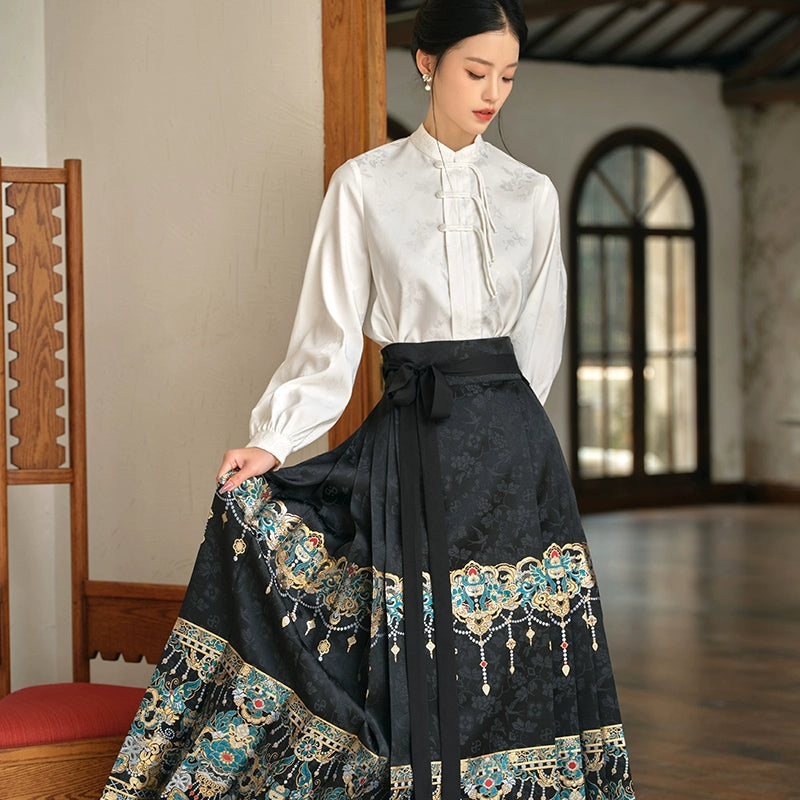 Huazhu Diancui 2025 New Chinese Imitation Makeup Flower Weaving Gold Horse Dress Top Set Women ming HanFuDreams two-piece set XS