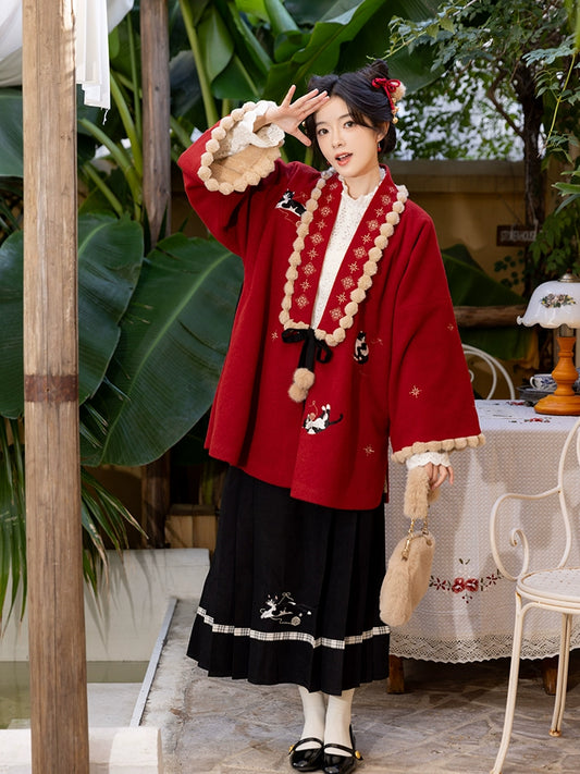 Chi Xia [Lucky Enter Meow] Fleece Short Jacket Horse Face Skirt Ming HanFuDreams