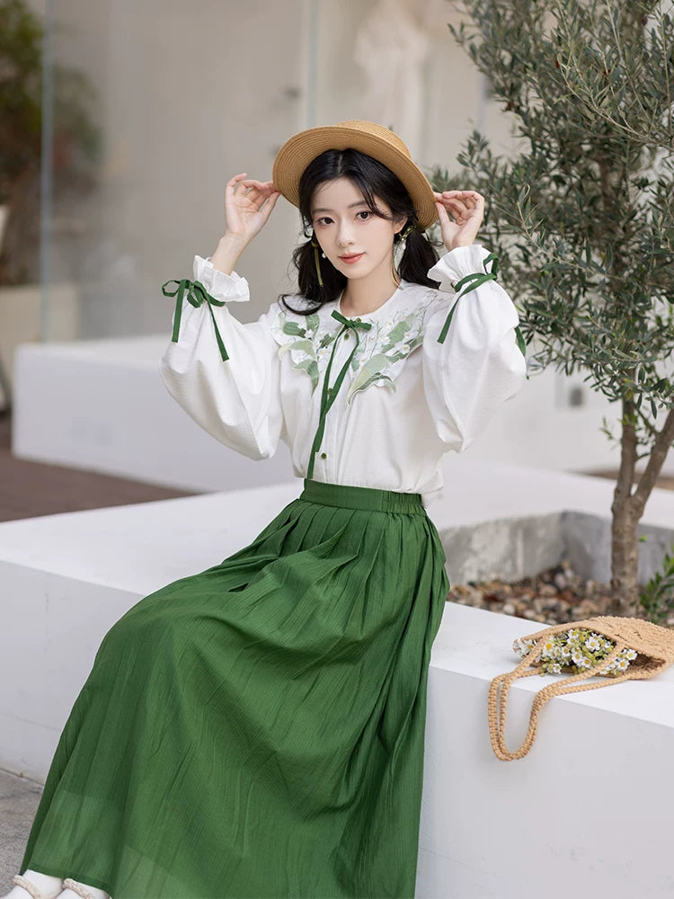 Chi Xia [Qinglu Lily of the Valley] Crew Neck Short Shirt Pleated Skirt han HanFuDreams