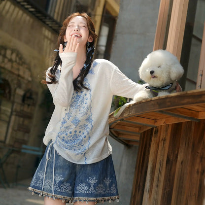 [Tuoyue] knitted top embroidered denim shorts ethnic style set modern HanFuDreams two-piece set S