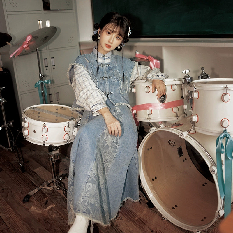 More than thirteen [brocade blue] vest cardigan three-pleat skirt set modern HanFuDreams three-piece set XS