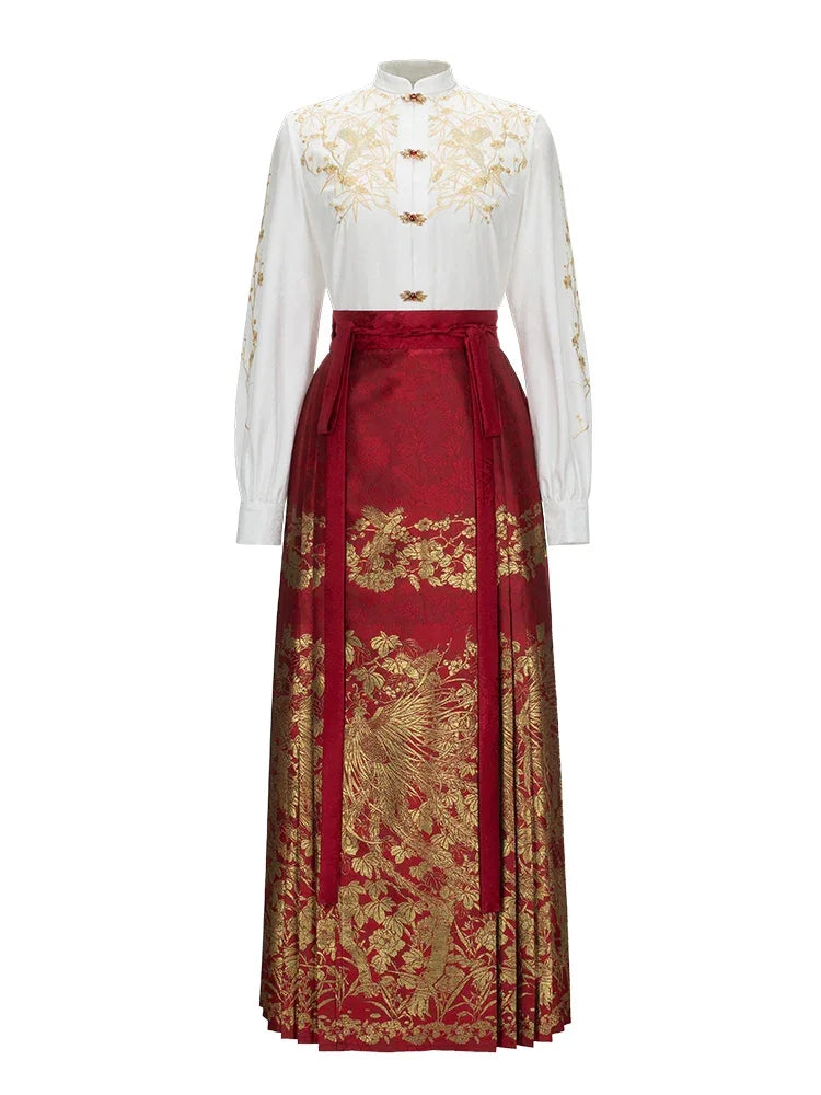 Ming-style red toasting horse face skirt, cloud shoulder Hanfu. HanFuDreams Fashion