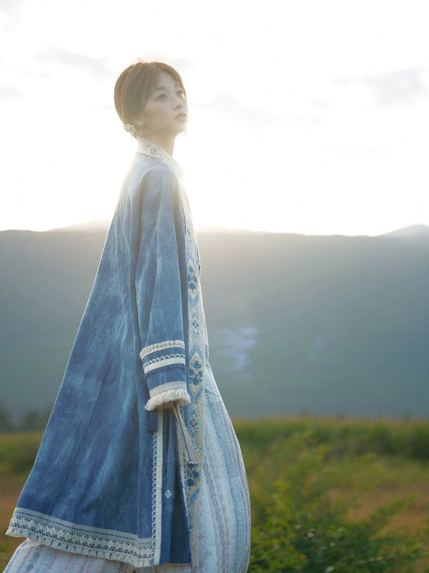 More than thirteen [Cangming Night] denim embroidered jacket curved collar top trousers set modern HanFuDreams