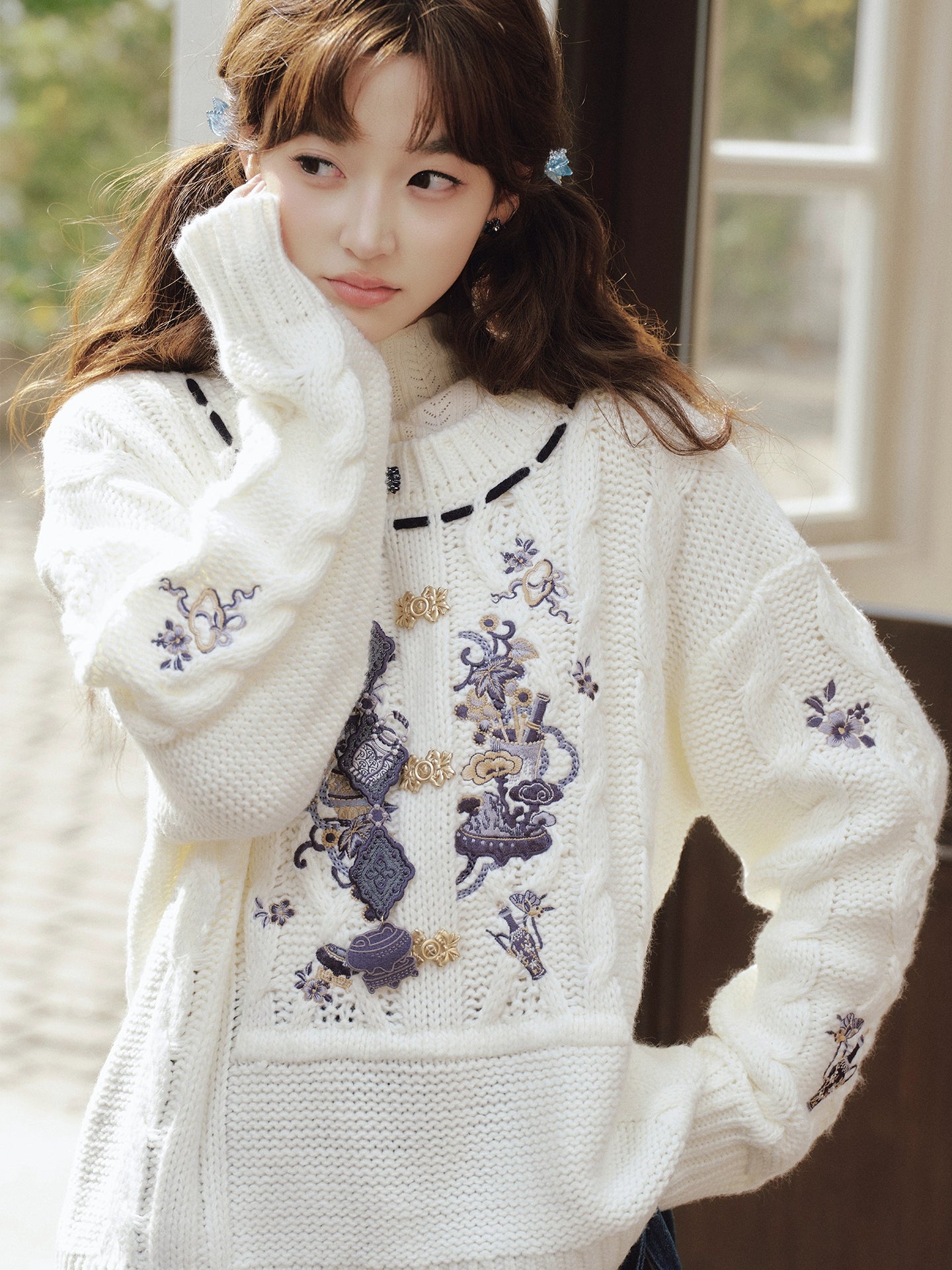 More than thirteen [blue and white] embroidered crew neck sweater spliced denim skirt