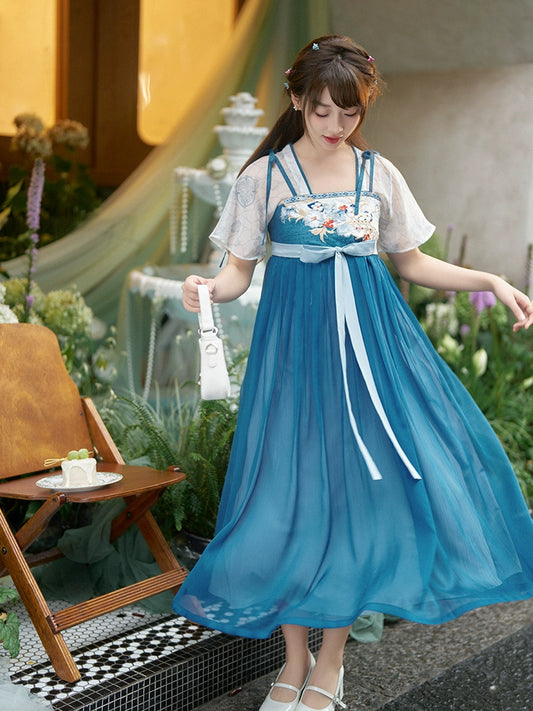 More than thirteen [sapphire flower wall] embroidered chest-length Han element dress han HanFuDreams