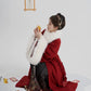 Snow Perched Red Branch - Red Hanfu Wool Coat—White Fur Collar & Back Waist Tie Flower Fairy Story