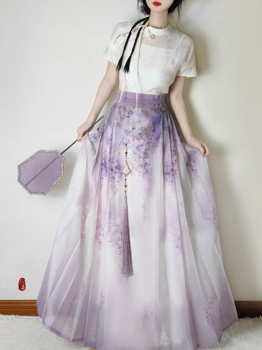 Flower Fairy Story [Wisteria] Light gauze skirt High texture printed horse skirt modern HanFuDreams