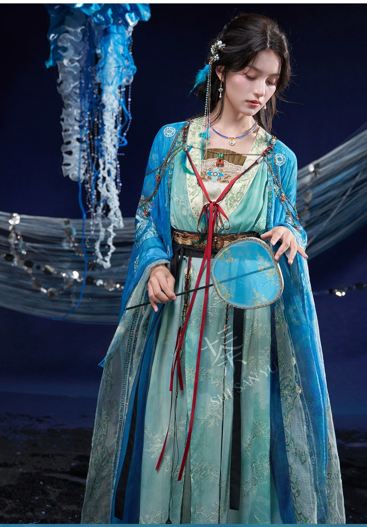 More Than Thirteen Angry Sea Diving Sand Hanfu Women Set Wide Sleeve Suspender Top han HanFuDreams