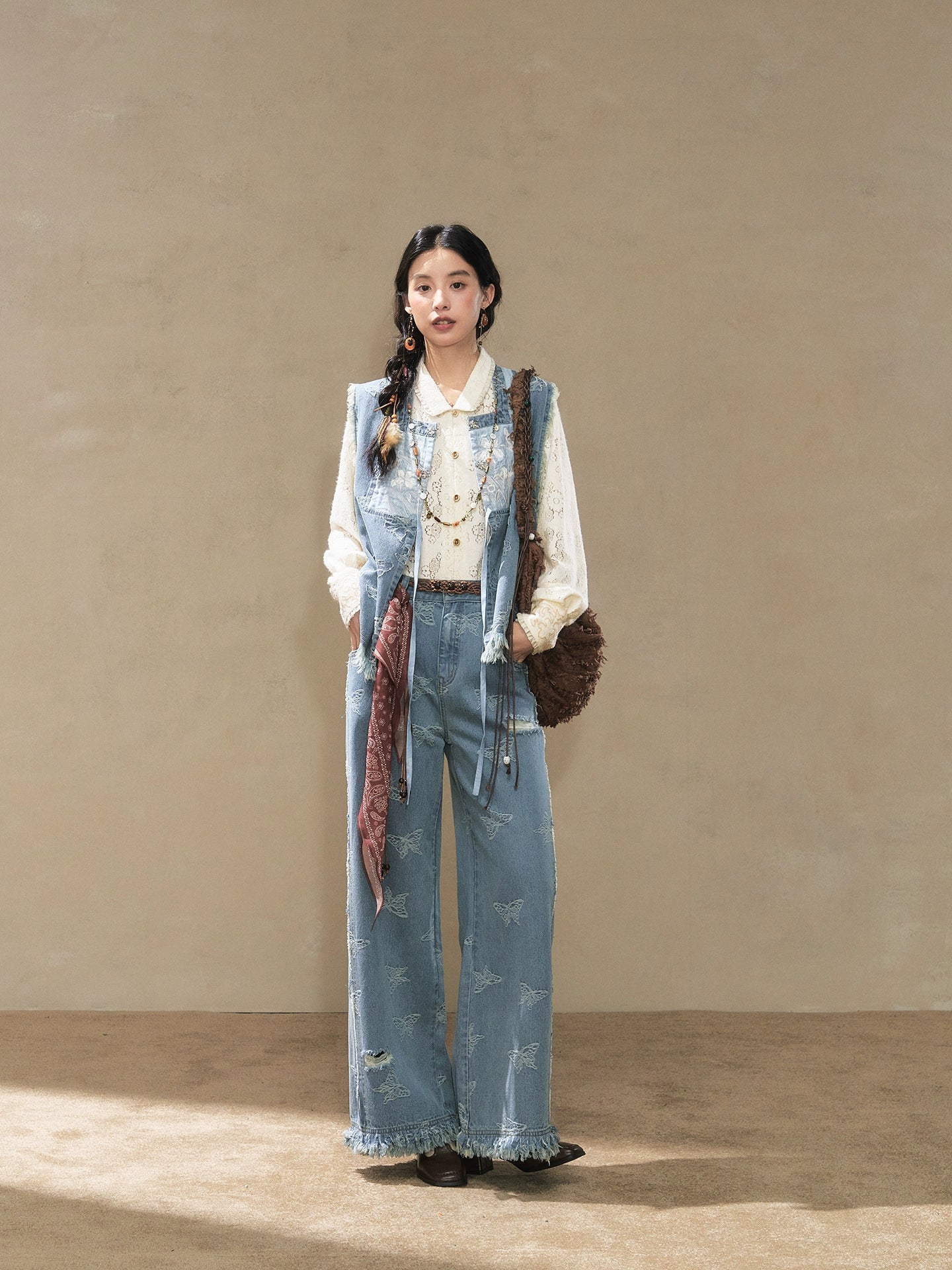 July Eve [Huayang] Lace White Shirt Jacquard Denim Vest Ripped Jeans modern HanFuDreams