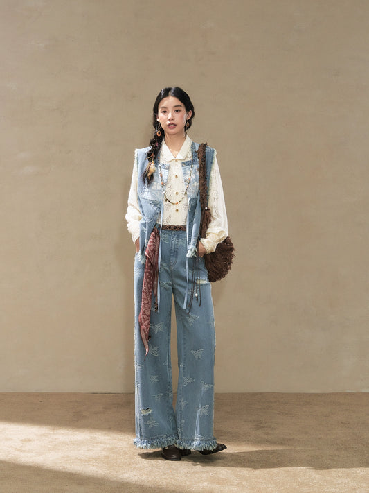 July Eve [Huayang] Lace White Shirt Jacquard Denim Vest Ripped Jeans modern HanFuDreams