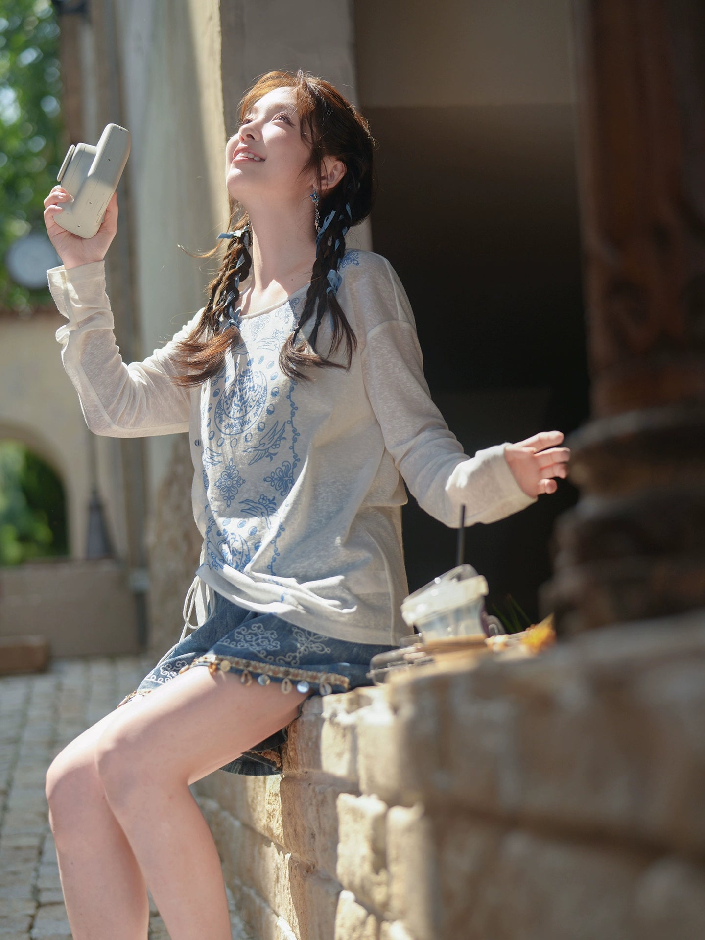 More than thirteen [Tuoyue] knitted top embroidered denim shorts ethnic style set modern HanFuDreams