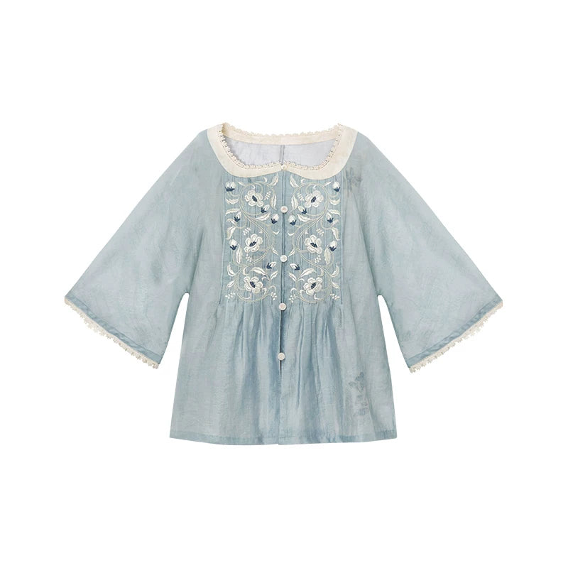 [Cool Moon] Modern Hanfu 2-Piece Set modern Shisanyu Sweetheart Neck Blouse(Blue) S