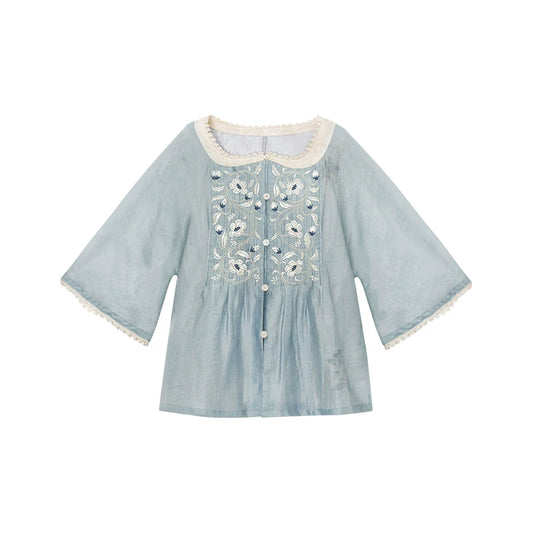 More than thirteen [Cool Moon] Modern Hanfu 2-Piece Set modern HanFuDreams Sweetheart Neck Blouse(Blue) S