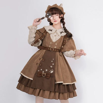 Autumn and winter lolita cat detective JSK Japanese is open retro college style lolita HanFuDreams Full set (JSK vest skirt + belt + removable bow * 1 + hat + shawl + inner shirt) S