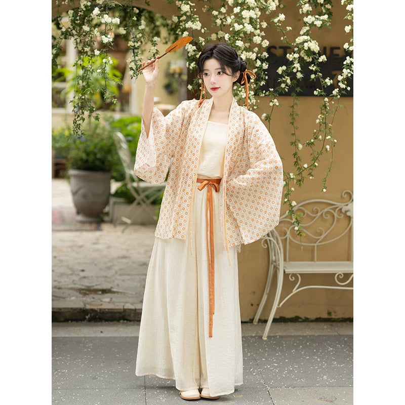 Jin‑Style Tencel Modified Hanfu Set jin Chixia Longshang Yellow four-piece set (including lace-up) S spot