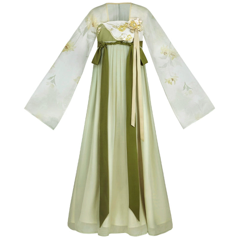 More than thirteen [Peach Leaf Sheng] Spring Han chest-length embroidered dress han HanFuDreams Dress (with accessories) (green) XS