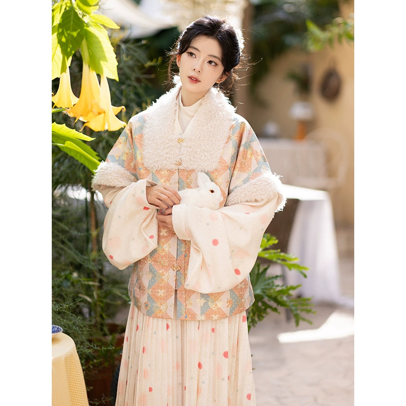 Chi Xia [Flower Tea Party] Square collar than a long shirt Ming ming HanFuDreams Flower Tea Party Pink and Blue Two-piece Set S