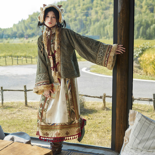 More than thirteen [Linglu] bird pattern printed dress ethnic style set modern HanFuDreams two-piece set S