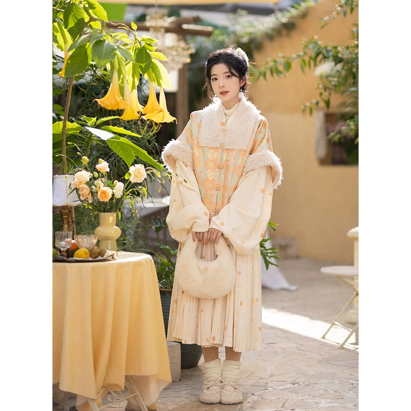 Chi Xia [Flower Tea Party] Square collar than a long shirt Ming ming HanFuDreams Flower Tea Party Yellow and Green Two-piece Set S