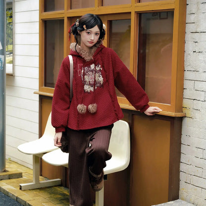 Fleece-Lined Embroidered Hoodie & Pants Set – Horse Year Chinese Outfit modern More than thirteen two-piece set S