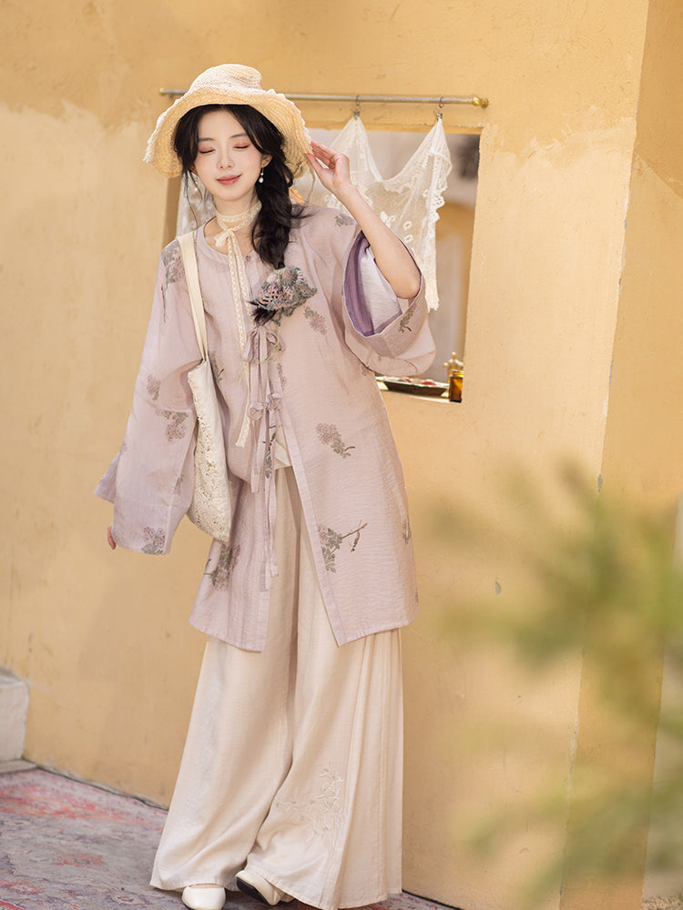 Ming-made cotton round neck cardigan improved Song pants Hanfu