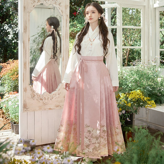 More than thirteen [Ziyang flowering period] pink woven gold horse dress modern HanFuDreams two-piece set XS