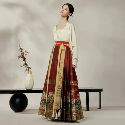 [plain porcelain] horse skirt top set ming HanFuDreams Three-piece set (red) XS